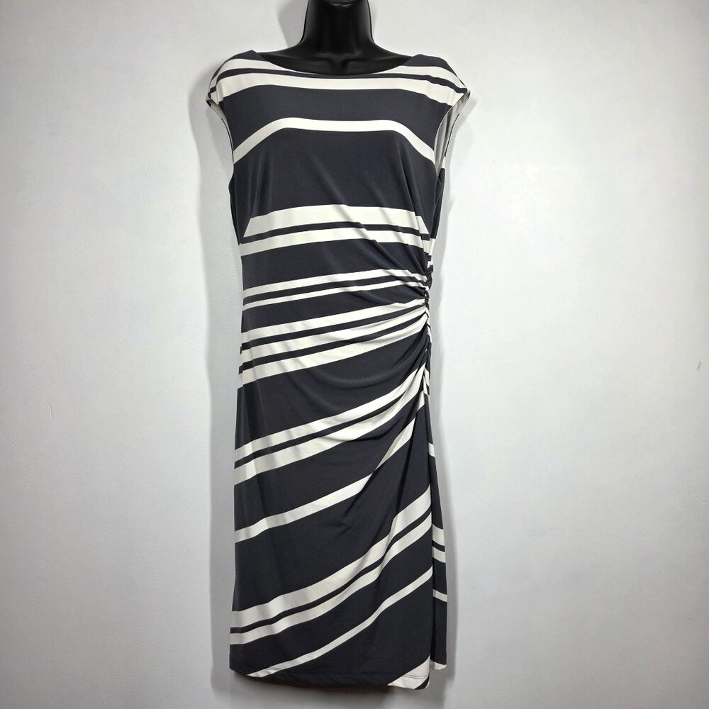 Lauren Ralph Lauren Dress 6 Cream Gray Stripe Ruched Stretchy Party Cocktail